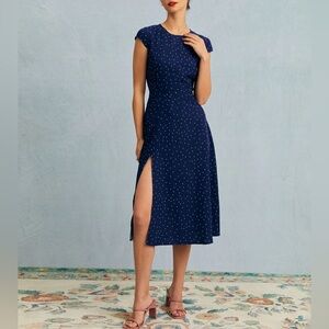 Rihoas The Navy Round Neck Polka Dot Cutout Midi Dress